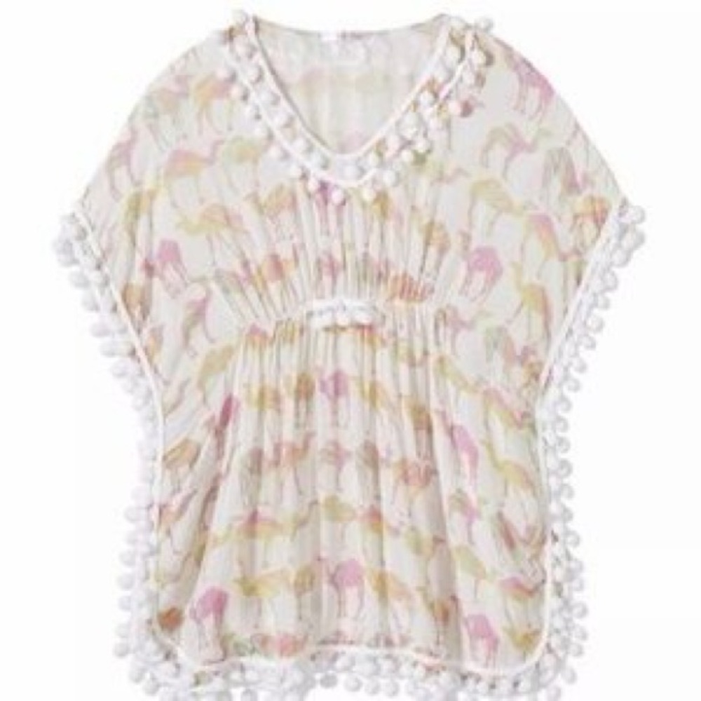 Colorful Swim Coverup Dress with Pom Pom Trim